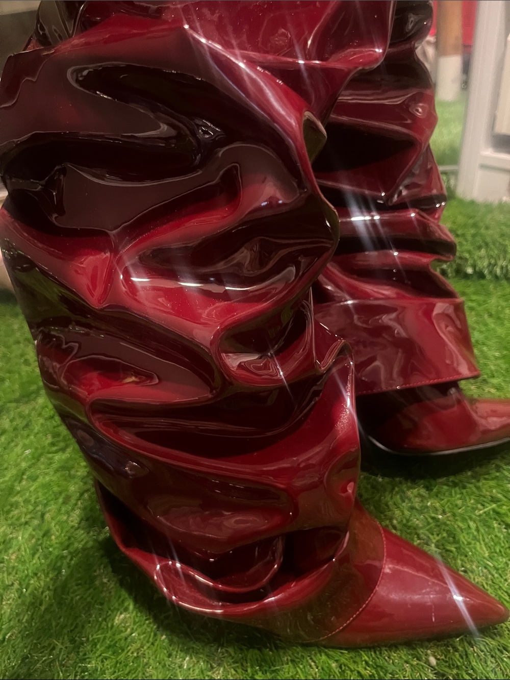Patent Slouchy Mid-Calf Heeled Boots - Burgundy